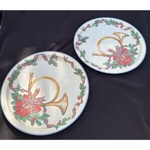 2 Vtg 1990’s Potpourri Press Christmas Horns Tin Serving Platters Tray 13.5”